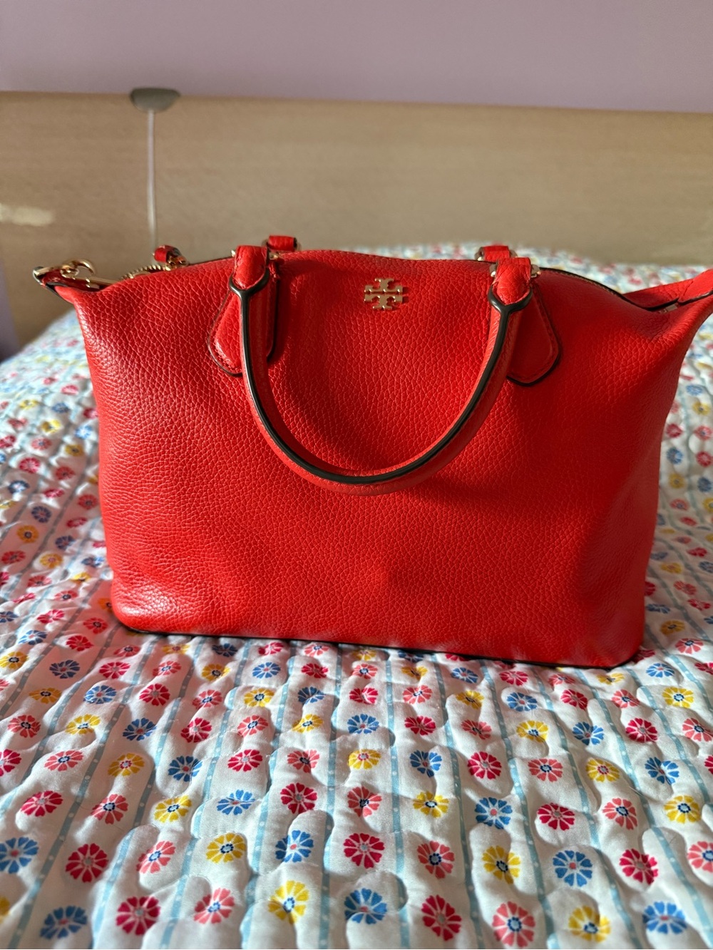 Tory Burch Red Pebbled Leather Top-Handle Crossbody with Gold Hardware